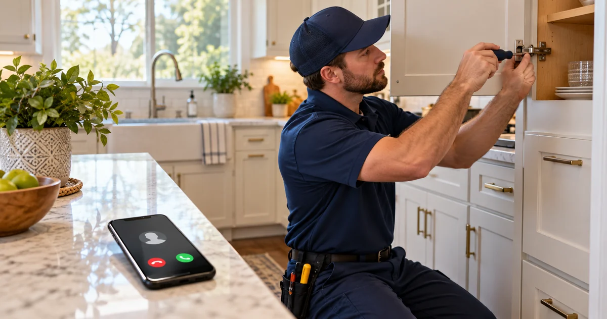 Service professional adjusting a cabinet hinge while an incoming call appears on a phone resting on the countertop.