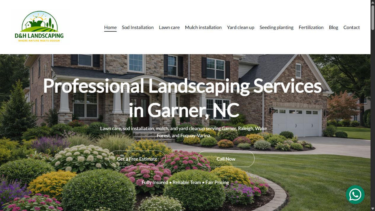 Captura de la página de inicio de D&H Landscaping NC